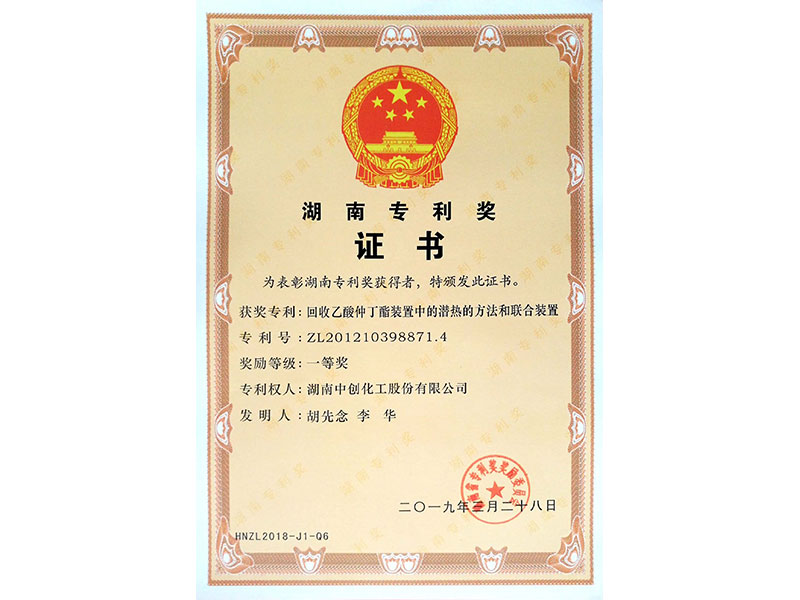 2019年湖南省专利一等奖证书