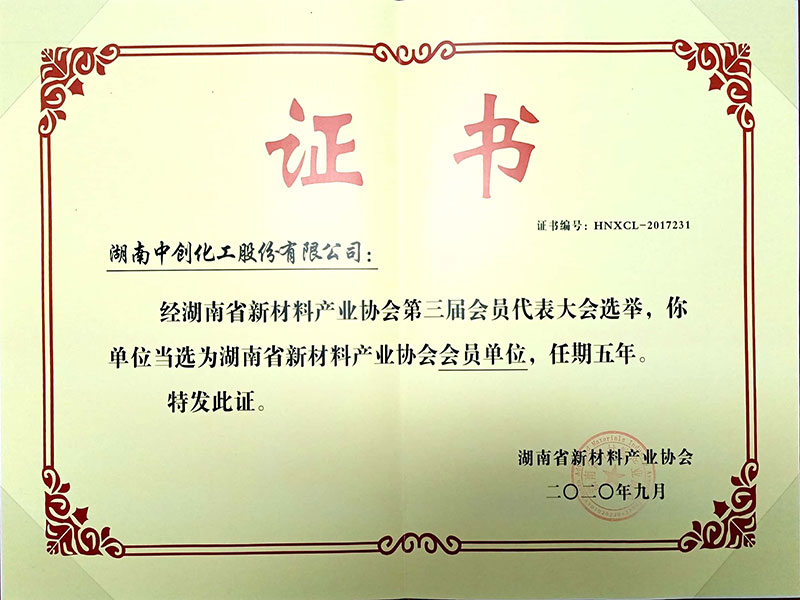 2020年湖南省新材料产业协会会员证书